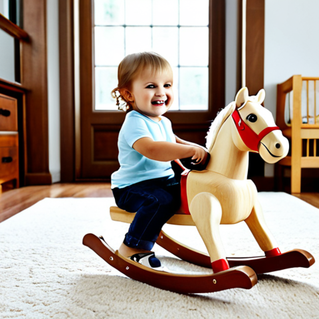 A joyful toddler, fully clothed in comfortable, modest children's attire, enthusiastically riding a classic wooden rocking horse in a bright and inviting living room. The room features soft natural light, warm wooden furniture, and a cozy rug, creating a timeless and serene atmosphere. The child's face is lit with pure happiness, engaging actively with the toy, embodying innocence and simple pleasure. perfect anatomy, correct proportions, natural pose, well-formed hands, proper finger count, natural body proportions, professional photography, high quality, safe for work, appropriate content, fully clothed, family-friendly.