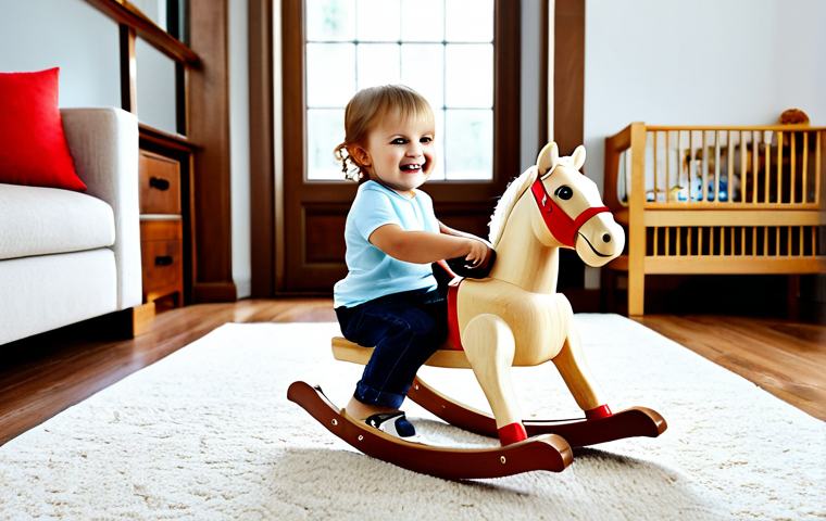 A joyful toddler, fully clothed in comfortable, modest children's attire, enthusiastically riding a classic wooden rocking horse in a bright and inviting living room. The room features soft natural light, warm wooden furniture, and a cozy rug, creating a timeless and serene atmosphere. The child's face is lit with pure happiness, engaging actively with the toy, embodying innocence and simple pleasure. perfect anatomy, correct proportions, natural pose, well-formed hands, proper finger count, natural body proportions, professional photography, high quality, safe for work, appropriate content, fully clothed, family-friendly.