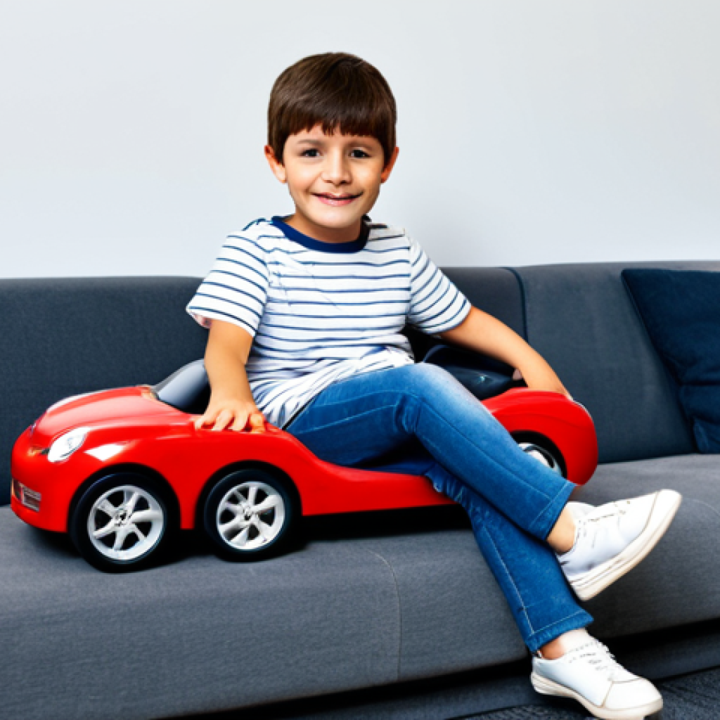 **
A young child (5-7 years old), fully clothed in appropriate attire (jeans and a t-shirt), sitting comfortably in a small, red toy car in a living room setting. The car is simple and safe-looking, with rounded edges. Background shows a cozy, family-friendly environment with toys and a bookshelf. Safe for work, appropriate content, fully clothed, modest, perfect anatomy, natural proportions, well-formed hands, proper finger count, professional photography, high quality.
**