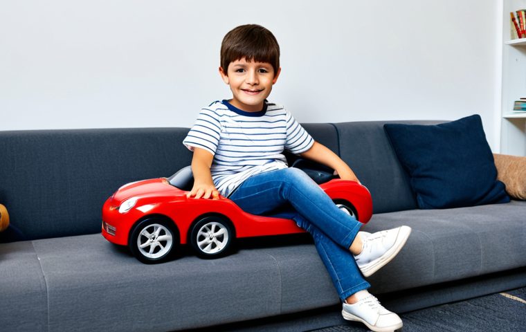 **

A young child (5-7 years old), fully clothed in appropriate attire (jeans and a t-shirt), sitting comfortably in a small, red toy car in a living room setting. The car is simple and safe-looking, with rounded edges. Background shows a cozy, family-friendly environment with toys and a bookshelf. Safe for work, appropriate content, fully clothed, modest, perfect anatomy, natural proportions, well-formed hands, proper finger count, professional photography, high quality.

**