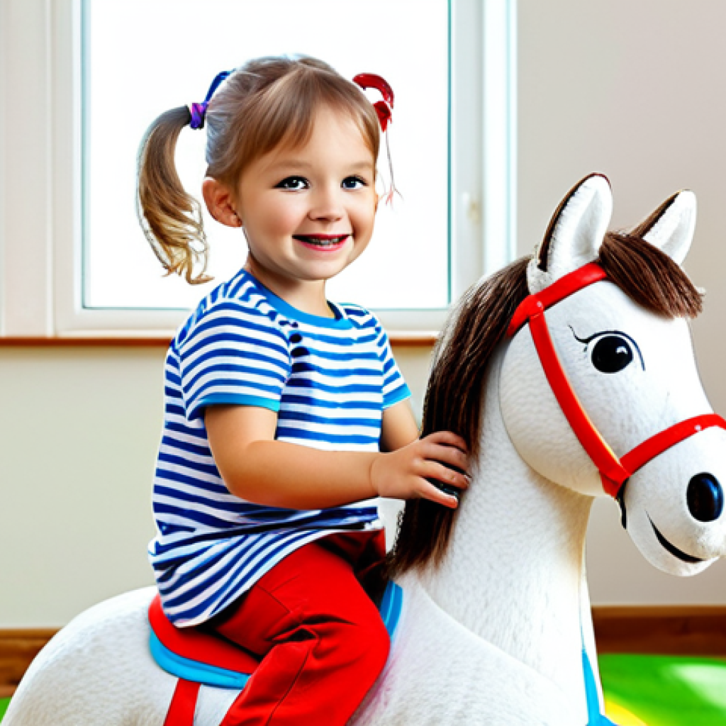 **A happy child (3-year-old) riding a colorful rocking horse in a brightly lit playroom. The child is fully clothed in a cute, age-appropriate outfit. The playroom is filled with other safe toys. Safe for work, appropriate content, family-friendly, perfect anatomy, natural proportions.**