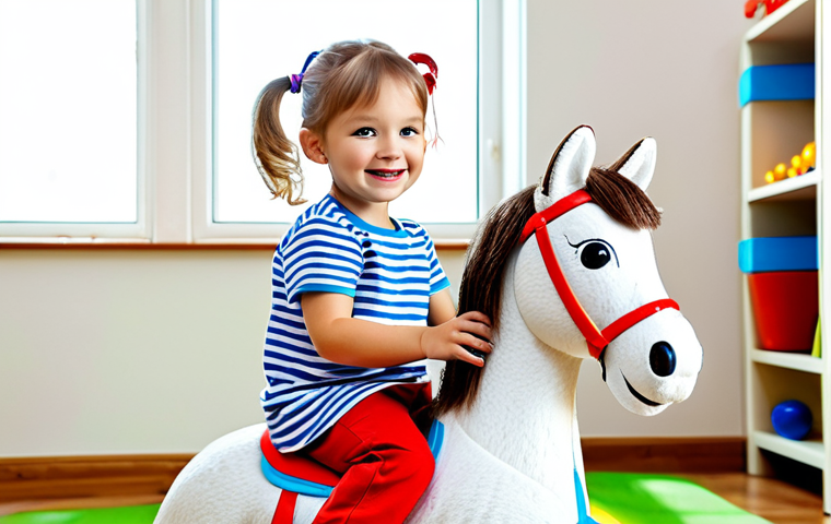 **A happy child (3-year-old) riding a colorful rocking horse in a brightly lit playroom. The child is fully clothed in a cute, age-appropriate outfit. The playroom is filled with other safe toys. Safe for work, appropriate content, family-friendly, perfect anatomy, natural proportions.**