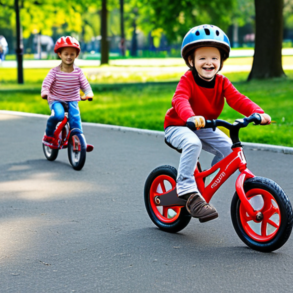 **

A professional image of a happy child (4-6 years old) riding a bright red balance bike in a sunny park. The child is wearing a helmet and appropriate, fully clothed attire. Background shows other children playing safely. Perfect anatomy, correct proportions, natural pose, well-formed hands, proper finger count, natural body proportions. Safe for work, appropriate content, fully clothed, family-friendly, professional photography, high quality.

**