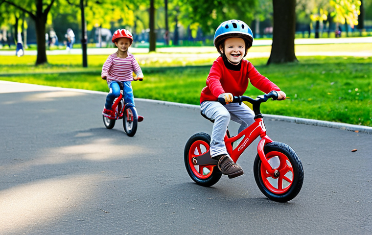 **

A professional image of a happy child (4-6 years old) riding a bright red balance bike in a sunny park. The child is wearing a helmet and appropriate, fully clothed attire. Background shows other children playing safely. Perfect anatomy, correct proportions, natural pose, well-formed hands, proper finger count, natural body proportions. Safe for work, appropriate content, fully clothed, family-friendly, professional photography, high quality.

**