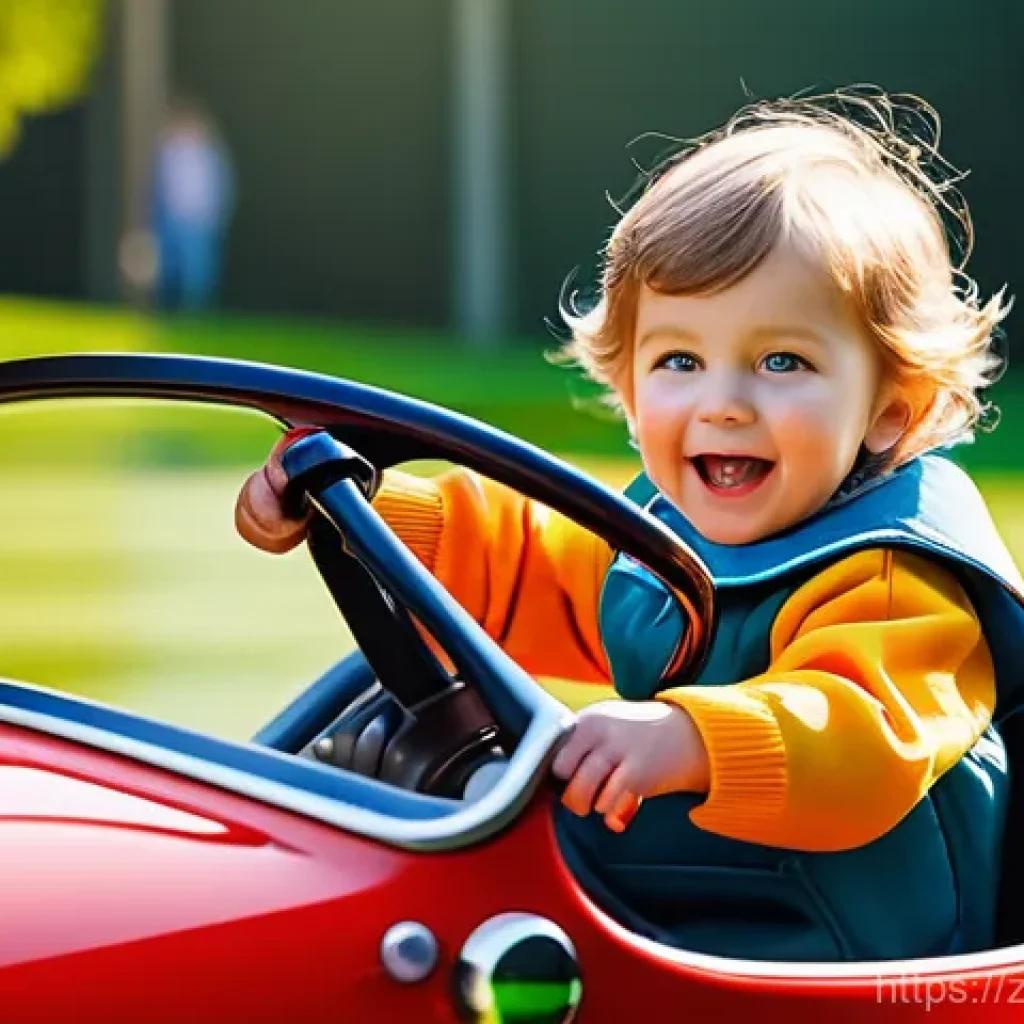 승용완구 쿠페 디자인 - **Prompt:** A vibrant, eye-level shot of a joyful 4-year-old child, wearing a stylish, age-appropria...