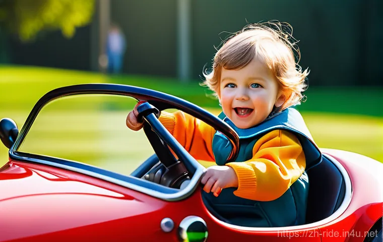 승용완구 쿠페 디자인 - **Prompt:** A vibrant, eye-level shot of a joyful 4-year-old child, wearing a stylish, age-appropria...