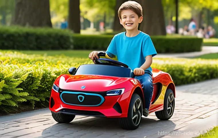 승용완구 고급 옵션 - **Prompt: Joyful Ride with Smart Safety**
    "A bright, sunny day at a bustling park. A happy 8-yea...