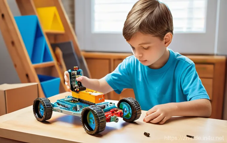 승용완구 코딩 키트 융합 - **Prompt:** A cheerful 7-year-old girl, dressed in a bright pink t-shirt and denim shorts, is sittin...