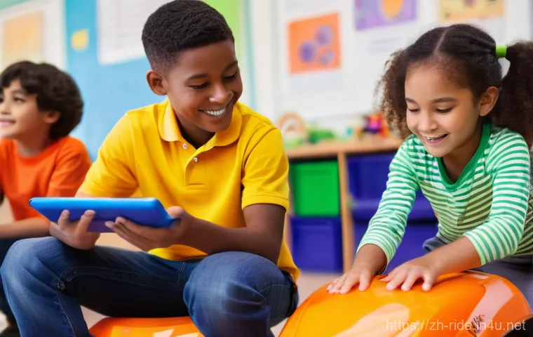 승용완구 코딩 키트 융합 - **Prompt:** An inquisitive 9-year-old boy, wearing a light blue t-shirt and practical cargo shorts, ...