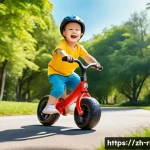 승용완구 타이어 소재 - A joyful toddler, wearing a bright yellow t-shirt and blue shorts over a clean diaper, is confidentl...