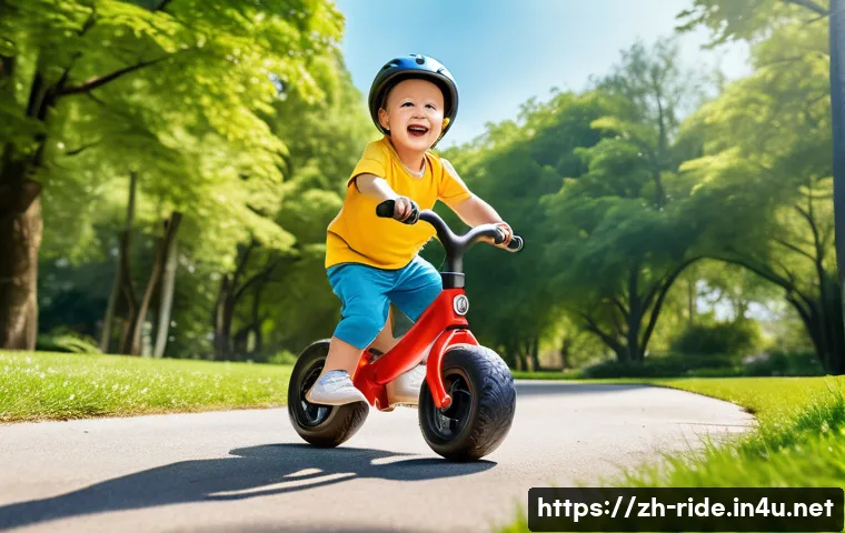 승용완구 타이어 소재 - A joyful toddler, wearing a bright yellow t-shirt and blue shorts over a clean diaper, is confidentl...